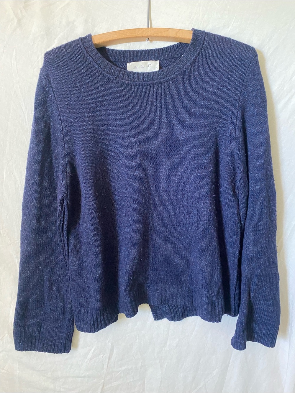 A.L.C. Deep Navy Blue Wool Crewneck Knit Sweater w/ Signature Open Cross Back